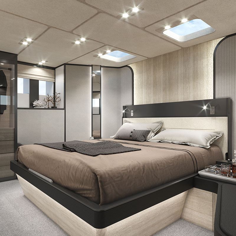 custom Explorer yacht interior design of bedroom by Suvorov Yacht Design