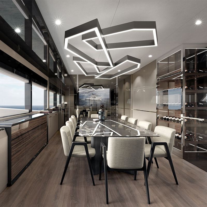 Custom Explorer Superyacht interior design of the dining salon by Suvorov Yacht Design