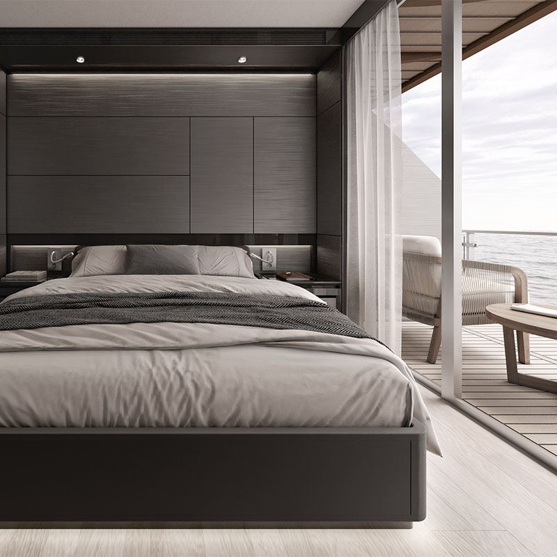 Luxury Custom Catamaran interior design of master bedroom by Suvorov Yacht Design