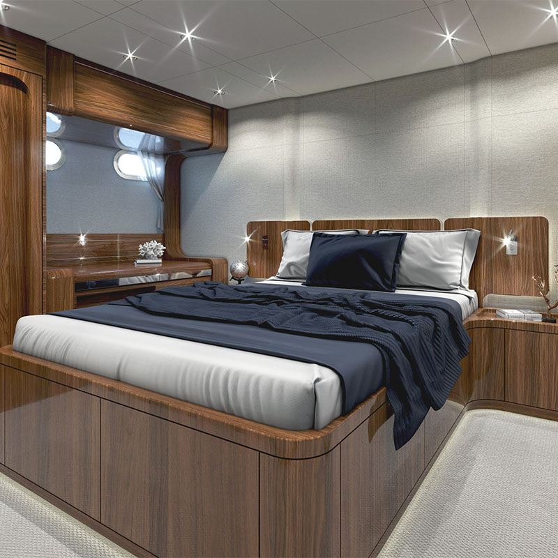 Classic motor yacht interior design of master bedroom by Suvorov Yacht Design